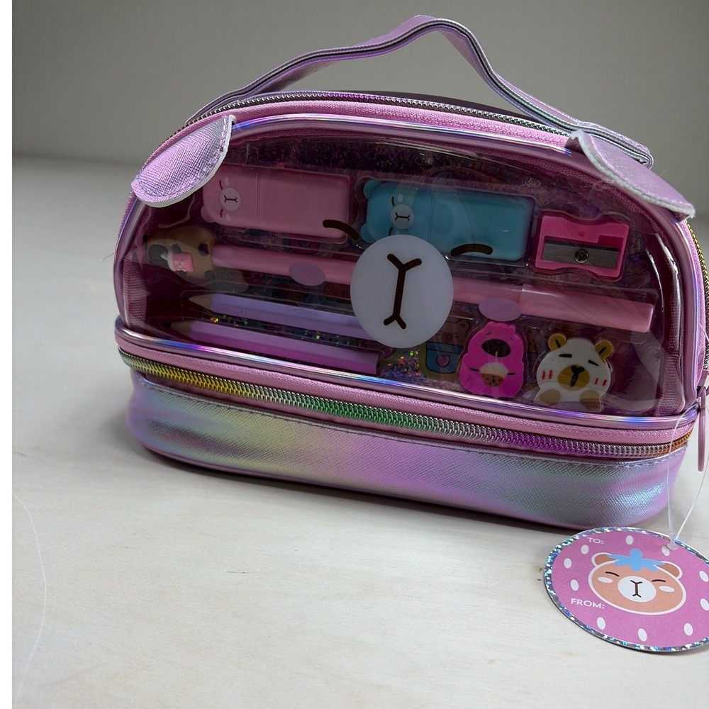 Kawaii Bear Stationery Set Iridescent Pink Double Compartment Bag 10pc Gift Set